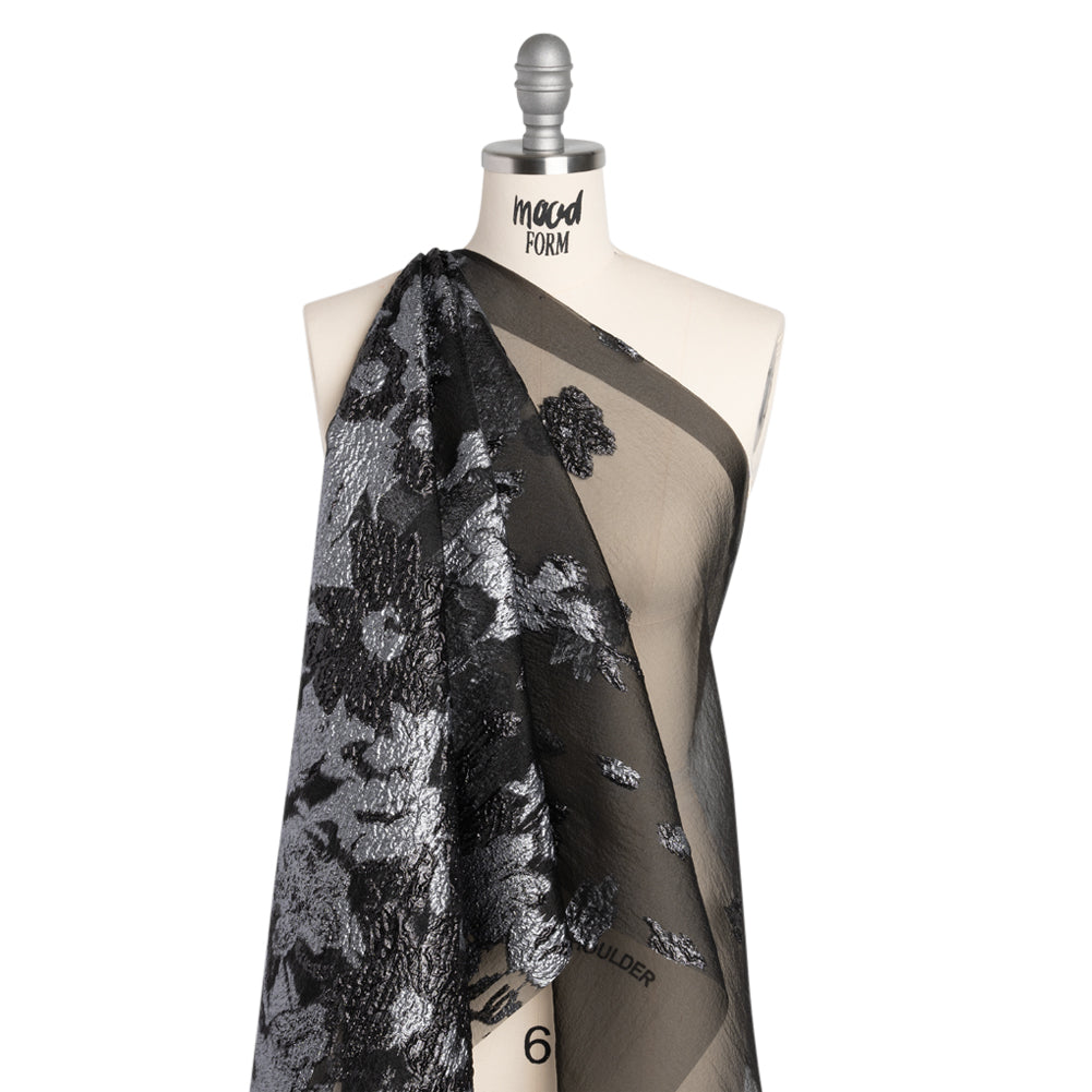 Metallic Luxury Burnout Brocade - Pale Blue and Black Floral Border - Drape Metallic Luxury Burnout Brocade - Pale Blue and Black Floral Border - Drape