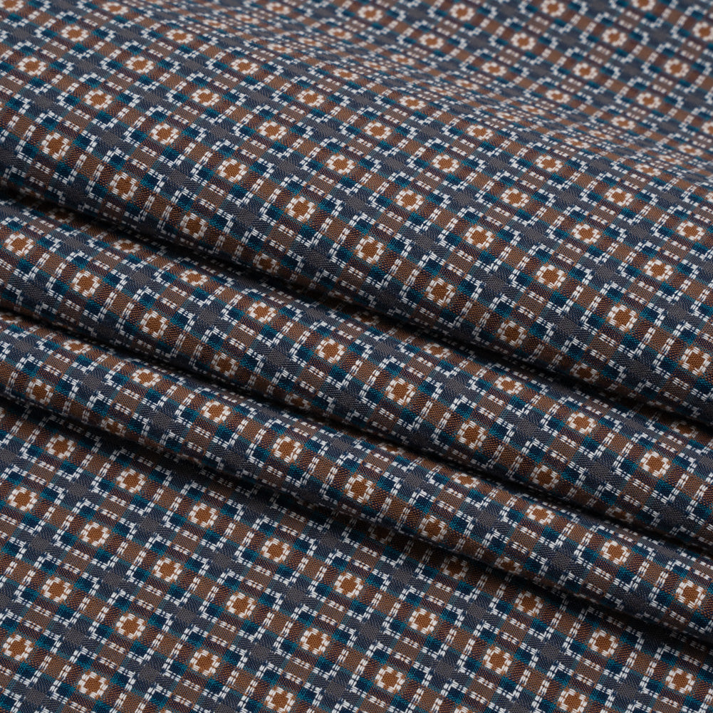 Geometric Cotton Dobby - Blue, Brown and White Rectangle Frames - Deadstock - Folded Geometric Cotton Dobby - Blue, Brown and White Rectangle Frames - Deadstock - Folded
