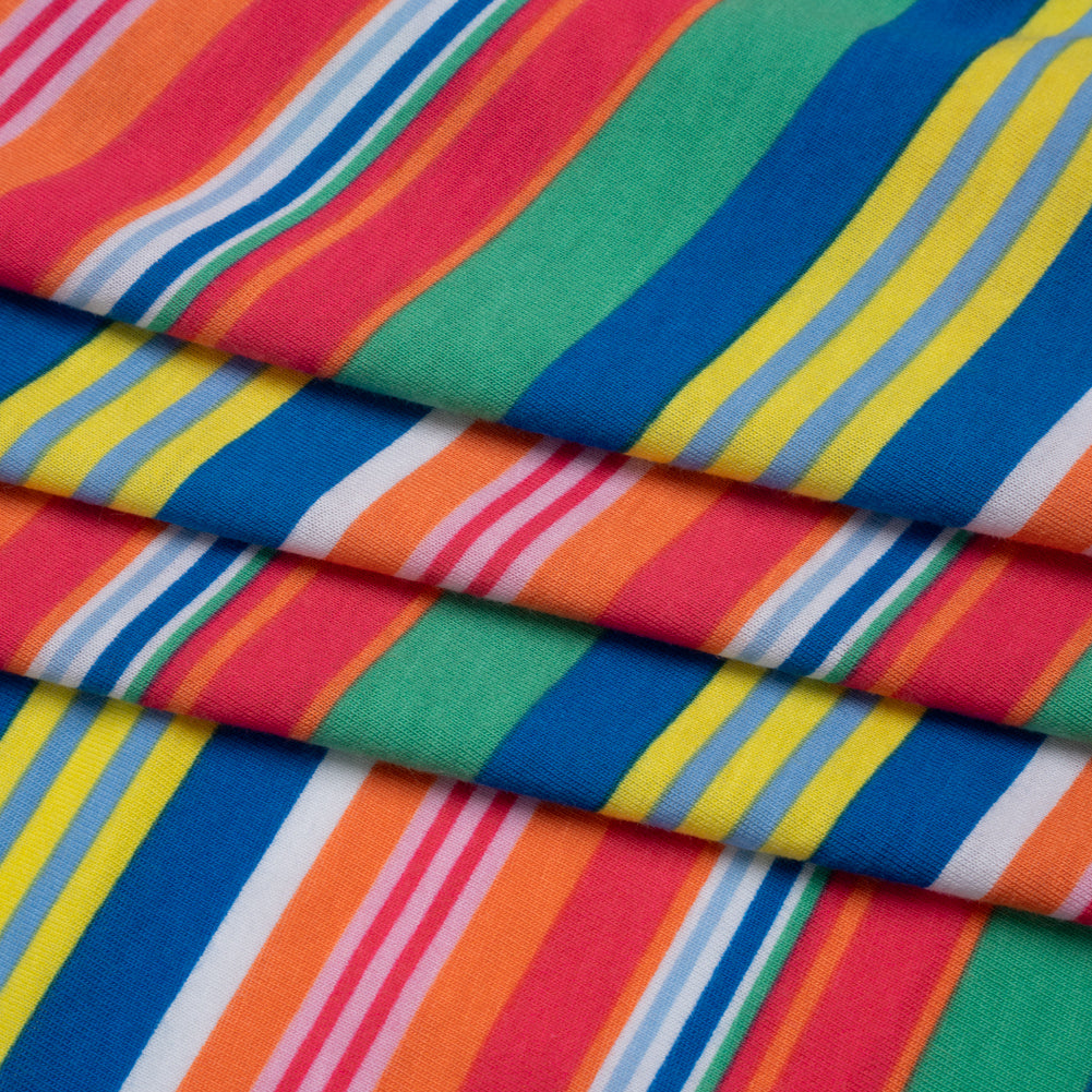 Cotton and Viscose Jersey Print - Hot Pink, Orange and Blue Railroaded Barcode Stripes - Deadstock Cotton and Viscose Jersey Print - Hot Pink, Orange and Blue Railroaded Barcode Stripes - Deadstock