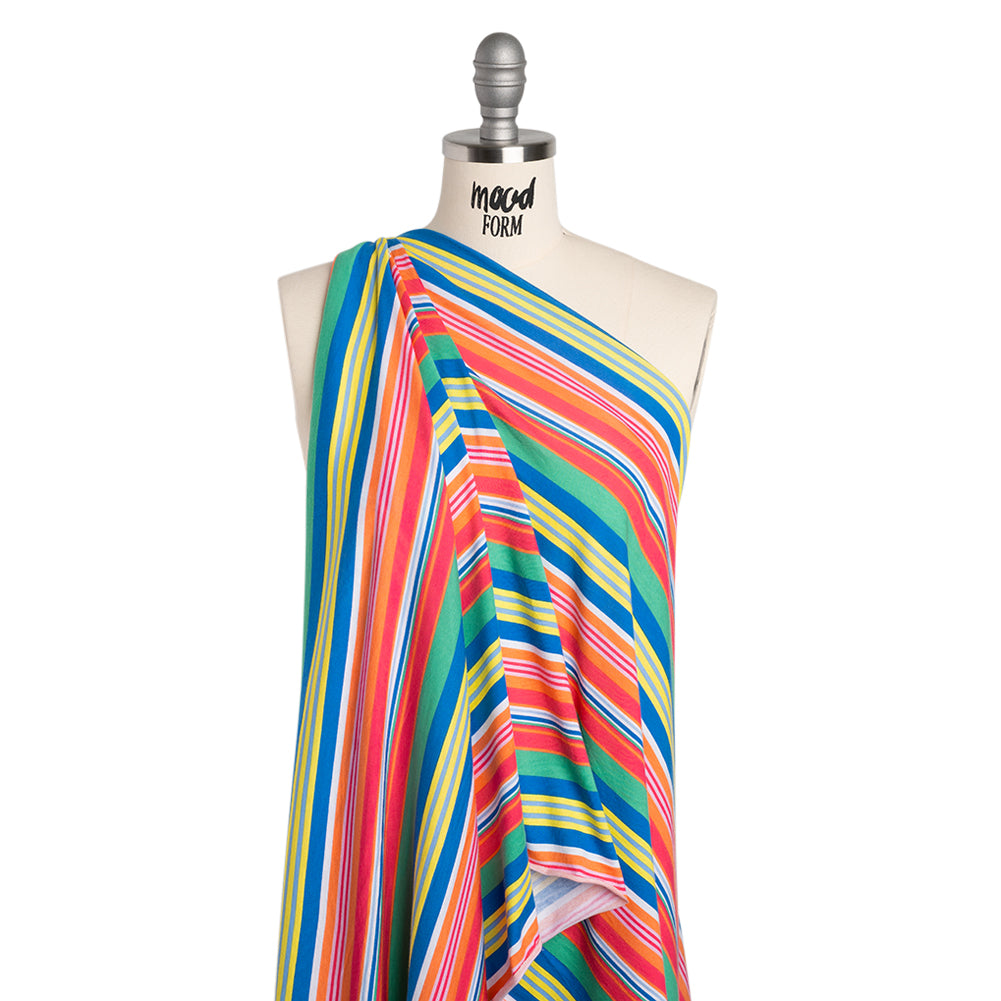 Cotton and Viscose Jersey Print - Hot Pink, Orange and Blue Railroaded Barcode Stripes - Deadstock Cotton and Viscose Jersey Print - Hot Pink, Orange and Blue Railroaded Barcode Stripes - Deadstock