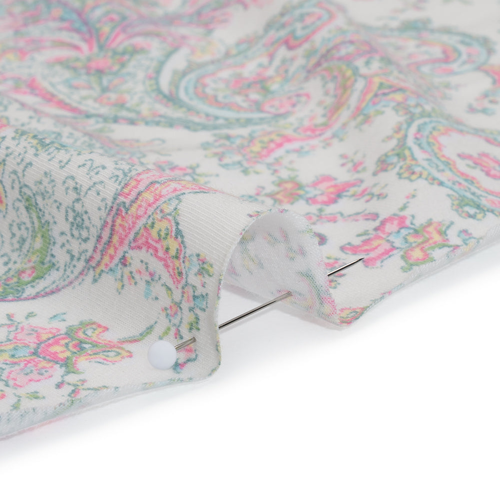 Cotton and Polyester Jersey Print - Ivory, Pastel Green and Pink Delicate Paisley - Deadstock Cotton and Polyester Jersey Print - Ivory, Pastel Green and Pink Delicate Paisley - Deadstock
