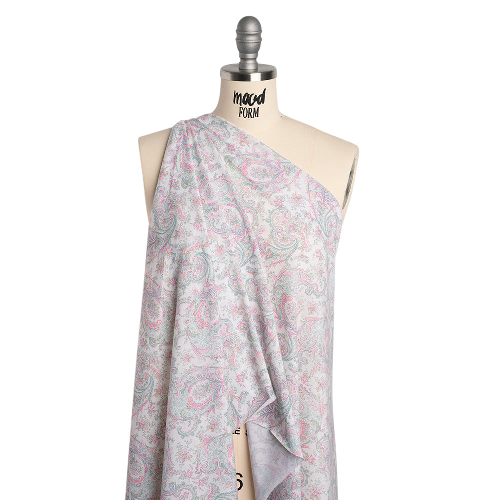Cotton and Polyester Jersey Print - Ivory, Pastel Green and Pink Delicate Paisley - Deadstock Cotton and Polyester Jersey Print - Ivory, Pastel Green and Pink Delicate Paisley - Deadstock