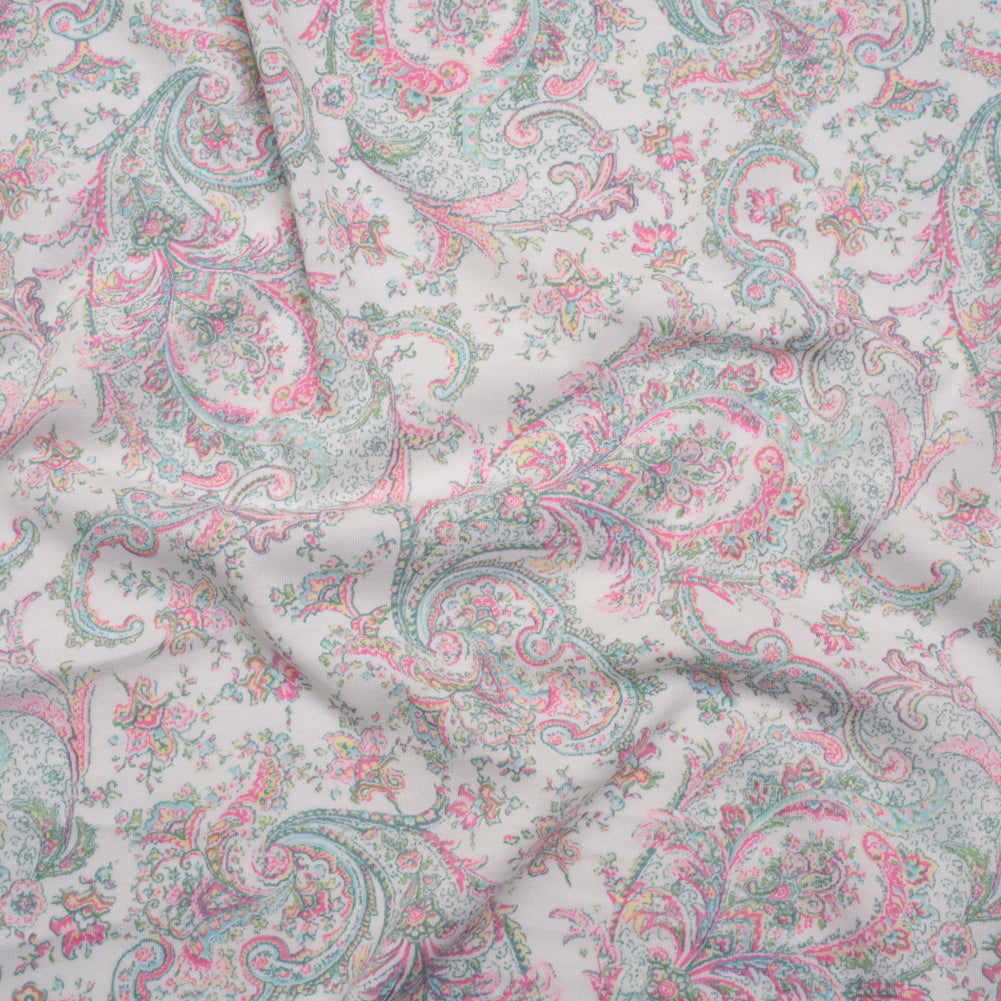 Cotton and Polyester Jersey Print - Ivory, Pastel Green and Pink Delicate Paisley - Deadstock Cotton and Polyester Jersey Print - Ivory, Pastel Green and Pink Delicate Paisley - Deadstock