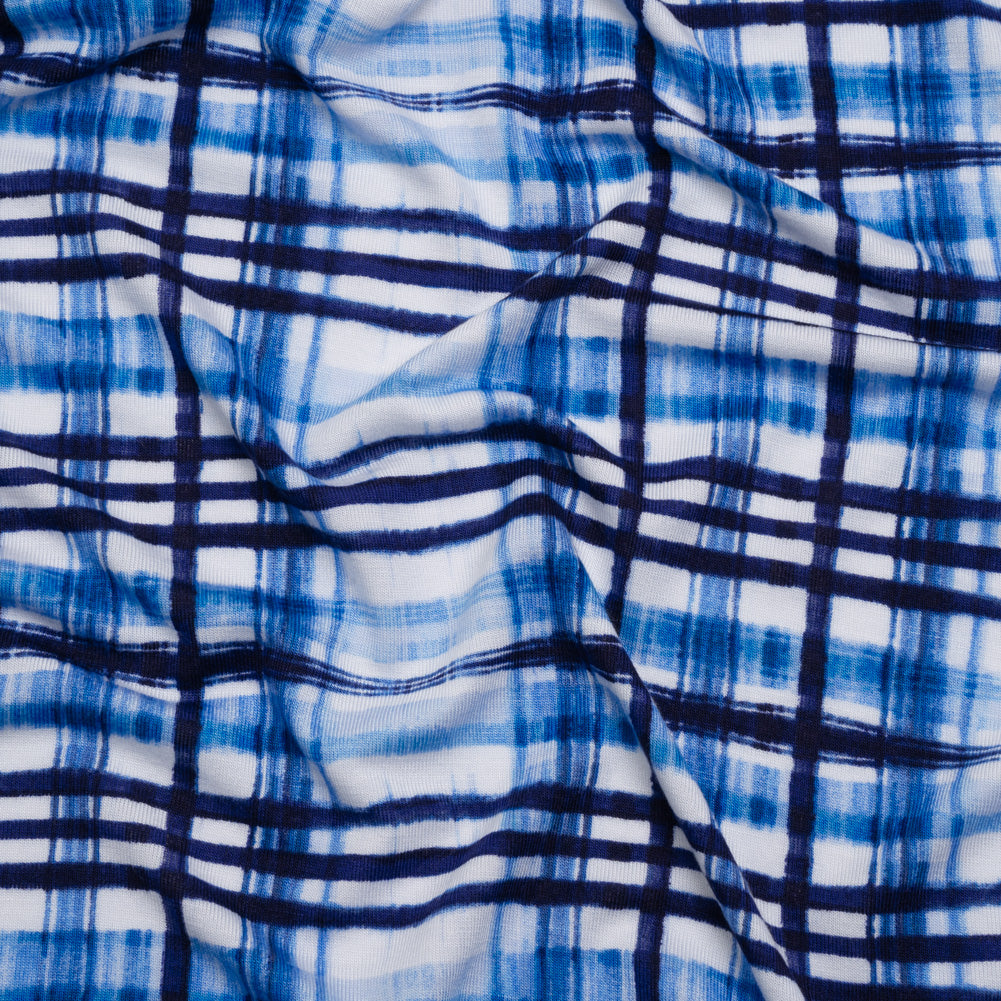 Stretch Rayon Jersey Print - Navy, Blue and White Painterly Plaid - Deadstock Stretch Rayon Jersey Print - Navy, Blue and White Painterly Plaid - Deadstock