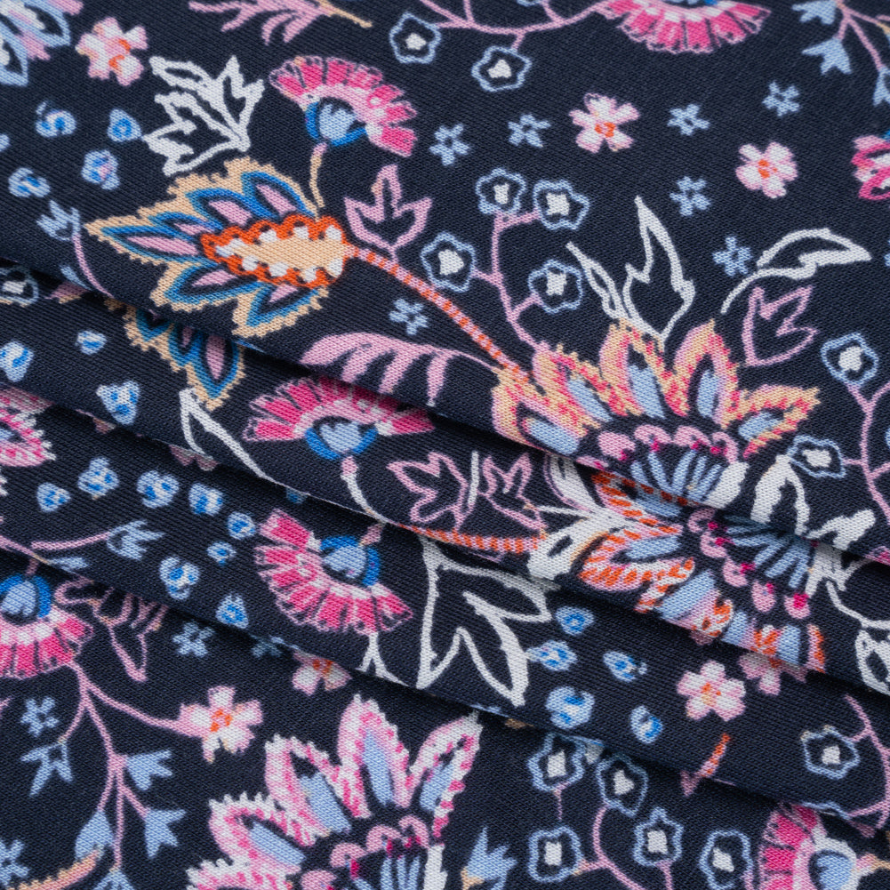 Stretch Rayon Jersey Print - Navy, Pink and White Ornamental Floral - Deadstock Stretch Rayon Jersey Print - Navy, Pink and White Ornamental Floral - Deadstock