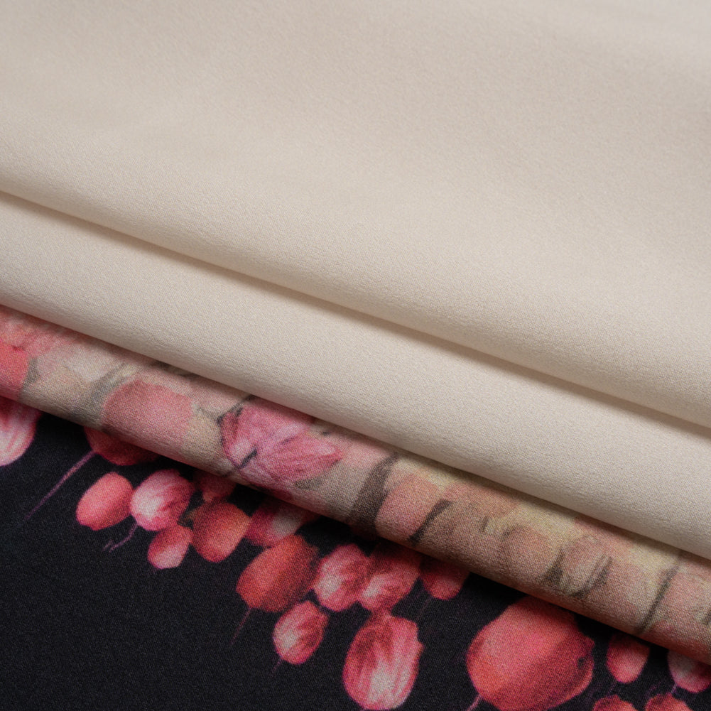 Silk Charmeuse 19mm - Pink, Black and Cream Floral Field Border - Folded Silk Charmeuse 19mm - Pink, Black and Cream Floral Field Border - Folded