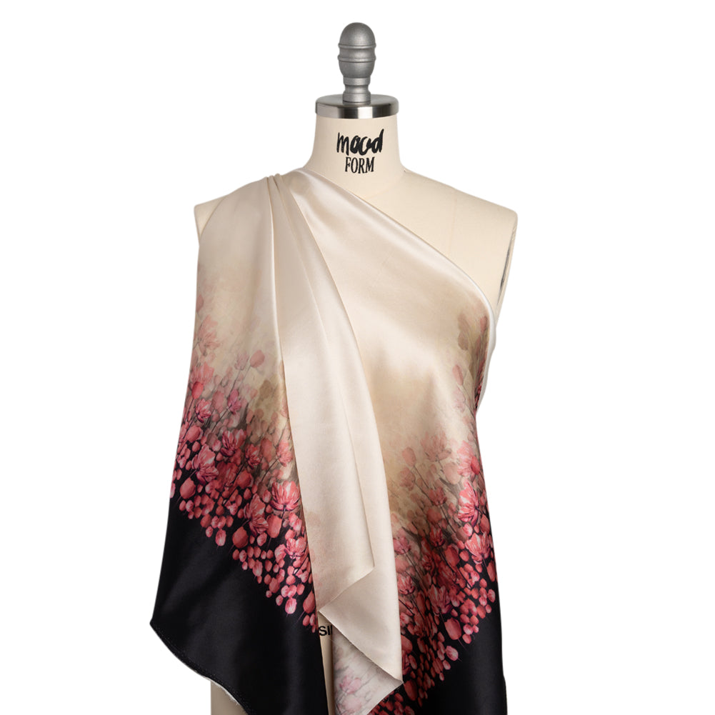 Silk Charmeuse 19mm - Pink, Black and Cream Floral Field Border - Drape Silk Charmeuse 19mm - Pink, Black and Cream Floral Field Border - Drape