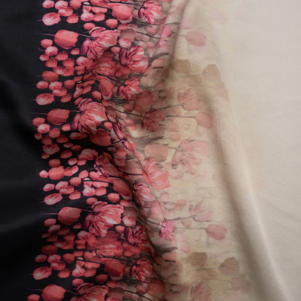 Silk Charmeuse 19mm - Pink, Black and Cream Floral Field Border Silk Charmeuse 19mm - Pink, Black and Cream Floral Field Border