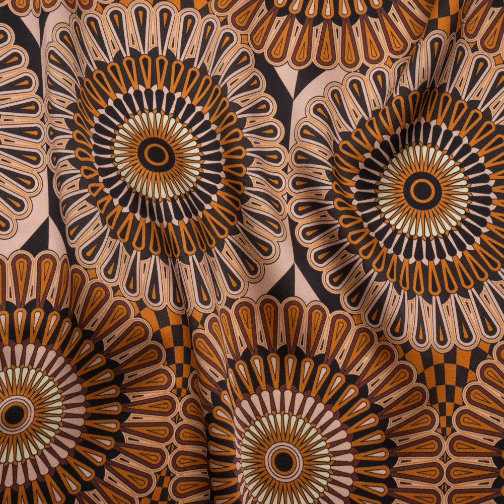 Silk Charmeuse 19mm - Tan, Nude and Black Retro Medallions Silk Charmeuse 19mm - Tan, Nude and Black Retro Medallions