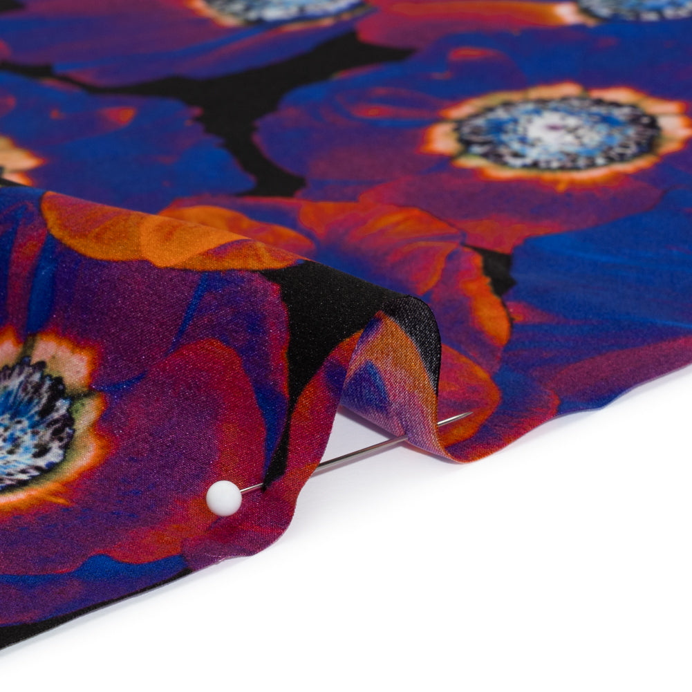 Silk Charmeuse 19mm - Ultraviolet Blue, Orange and Black Glowing Flowers - Detail Silk Charmeuse 19mm - Ultraviolet Blue, Orange and Black Glowing Flowers - Detail