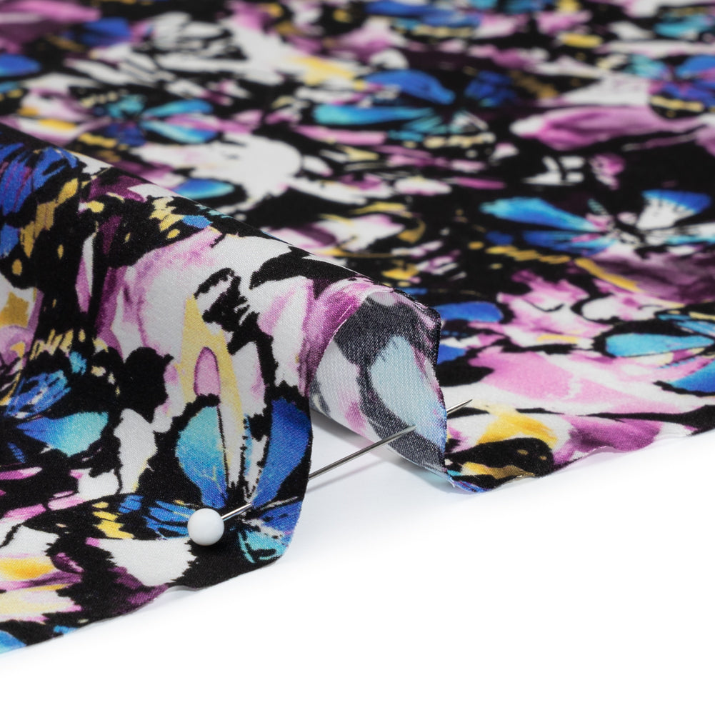 Silk Charmeuse 19mm - Purple, Blue and Yellow Little Butterflies and Flowers Silk Charmeuse 19mm - Purple, Blue and Yellow Little Butterflies and Flowers