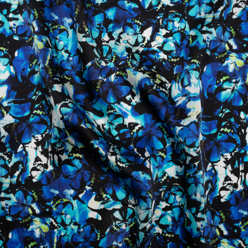 Silk Charmeuse 19mm - Bright Blue, Aqua and Lime Green Little Butterflies and Flowers Silk Charmeuse 19mm - Bright Blue, Aqua and Lime Green Little Butterflies and Flowers