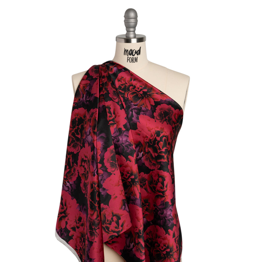 Silk Charmeuse 19mm - Red and Purple Roses - Drape Silk Charmeuse 19mm - Red and Purple Roses - Drape