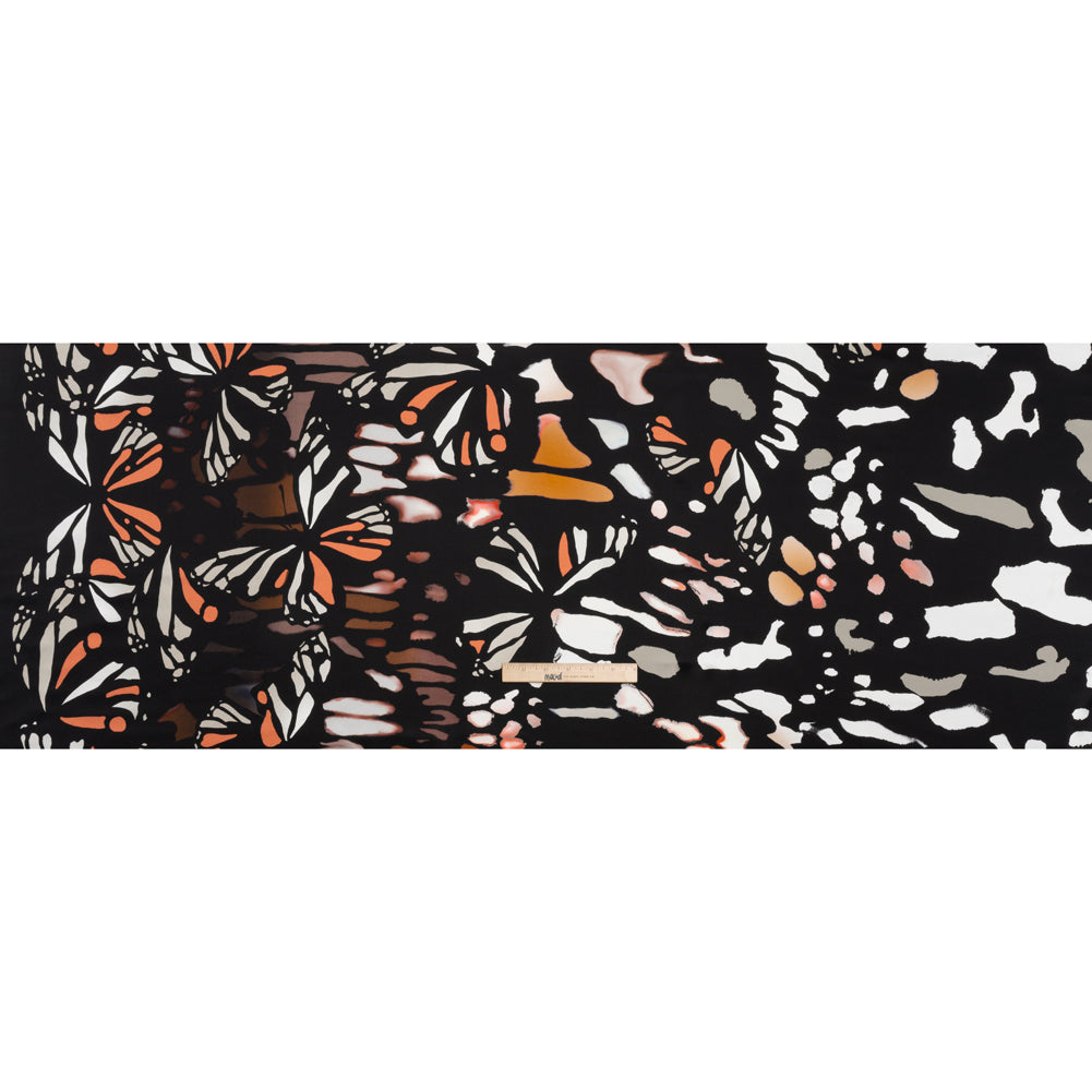 Silk Charmeuse Print - Black, White and Orange Blobs and Butterflies - Made in Italy Silk Charmeuse Print - Black, White and Orange Blobs and Butterflies - Made in Italy