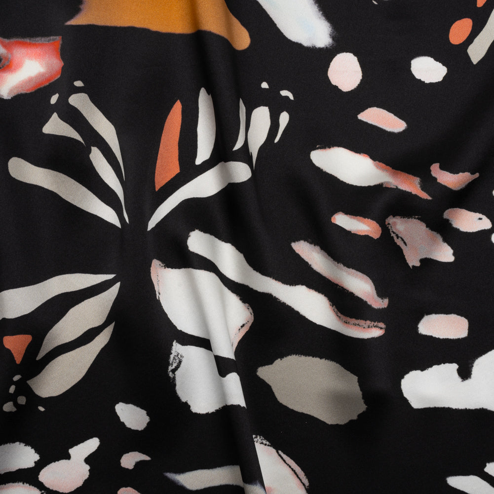 Silk Charmeuse Print - Black, White and Orange Blobs and Butterflies - Made in Italy Silk Charmeuse Print - Black, White and Orange Blobs and Butterflies - Made in Italy