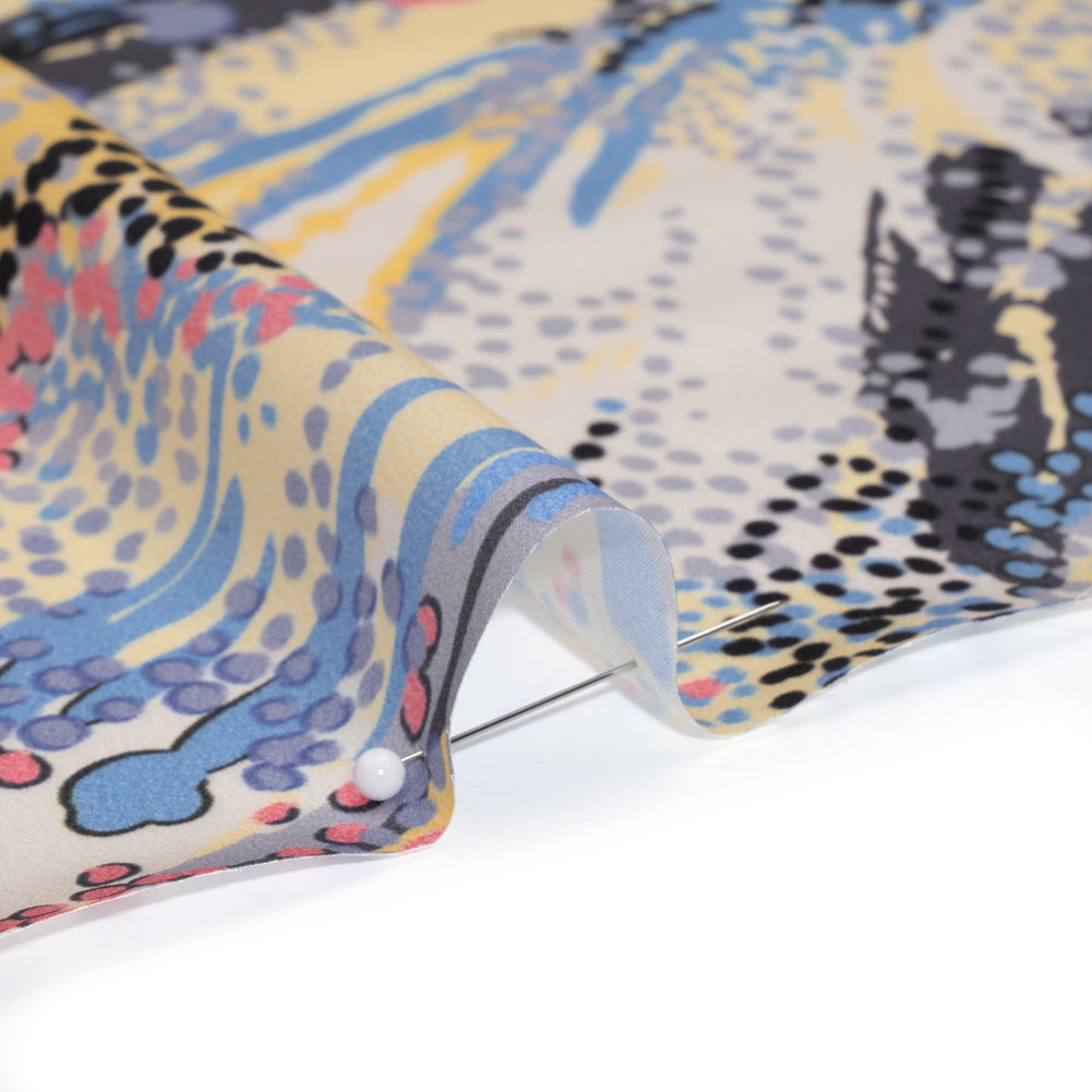 Silk Charmeuse Print - Pink, Butter Yellow and Sky Blue Flowing Streaks and Spots - Made in Italy Silk Charmeuse Print - Pink, Butter Yellow and Sky Blue Flowing Streaks and Spots - Made in Italy