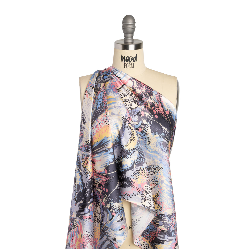 Silk Charmeuse Print - Pink, Butter Yellow and Sky Blue Flowing Streaks and Spots - Made in Italy Silk Charmeuse Print - Pink, Butter Yellow and Sky Blue Flowing Streaks and Spots - Made in Italy
