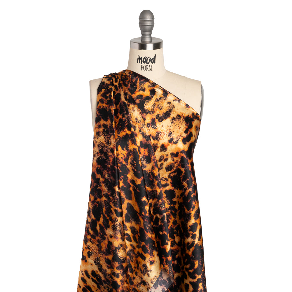 Silk Charmeuse Print - Golden Orange and Black Animal Spots - Made in Italy - Drape Silk Charmeuse Print - Golden Orange and Black Animal Spots - Made in Italy - Drape
