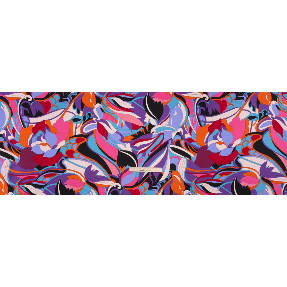 Silk Charmeuse Print - Periwinkle, Orange and Fuchsia Retro Floral Swirl - Made in Italy Silk Charmeuse Print - Periwinkle, Orange and Fuchsia Retro Floral Swirl - Made in Italy