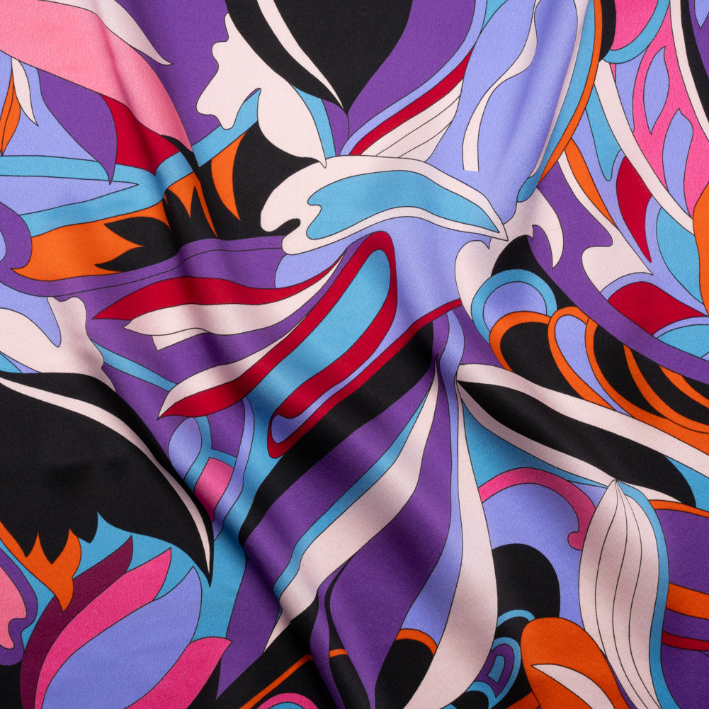 Silk Charmeuse Print - Periwinkle, Orange and Fuchsia Retro Floral Swirl - Made in Italy Silk Charmeuse Print - Periwinkle, Orange and Fuchsia Retro Floral Swirl - Made in Italy