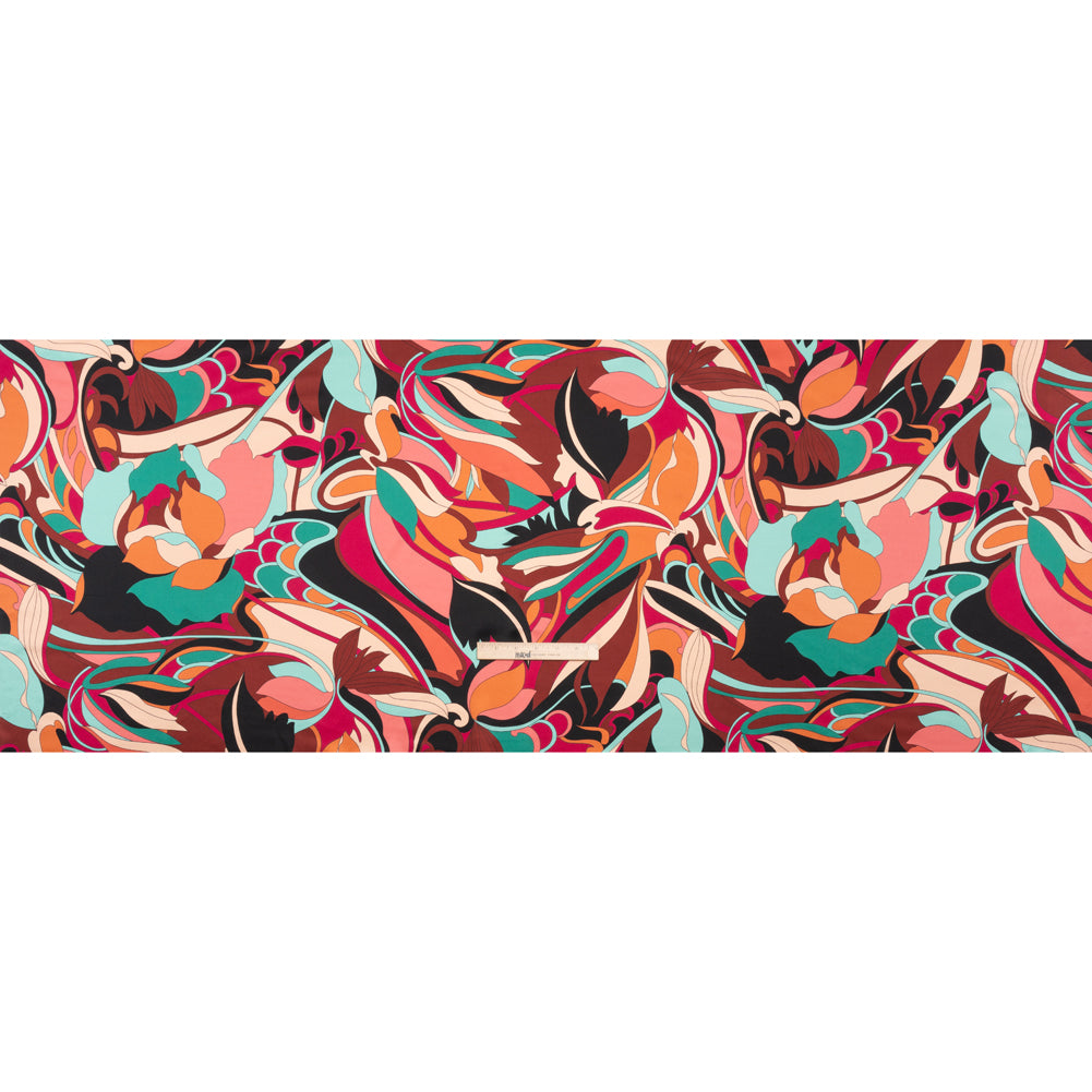 Silk Charmeuse Print - Brown, Teal and Magenta Retro Floral Swirl - Made in Italy Silk Charmeuse Print - Brown, Teal and Magenta Retro Floral Swirl - Made in Italy