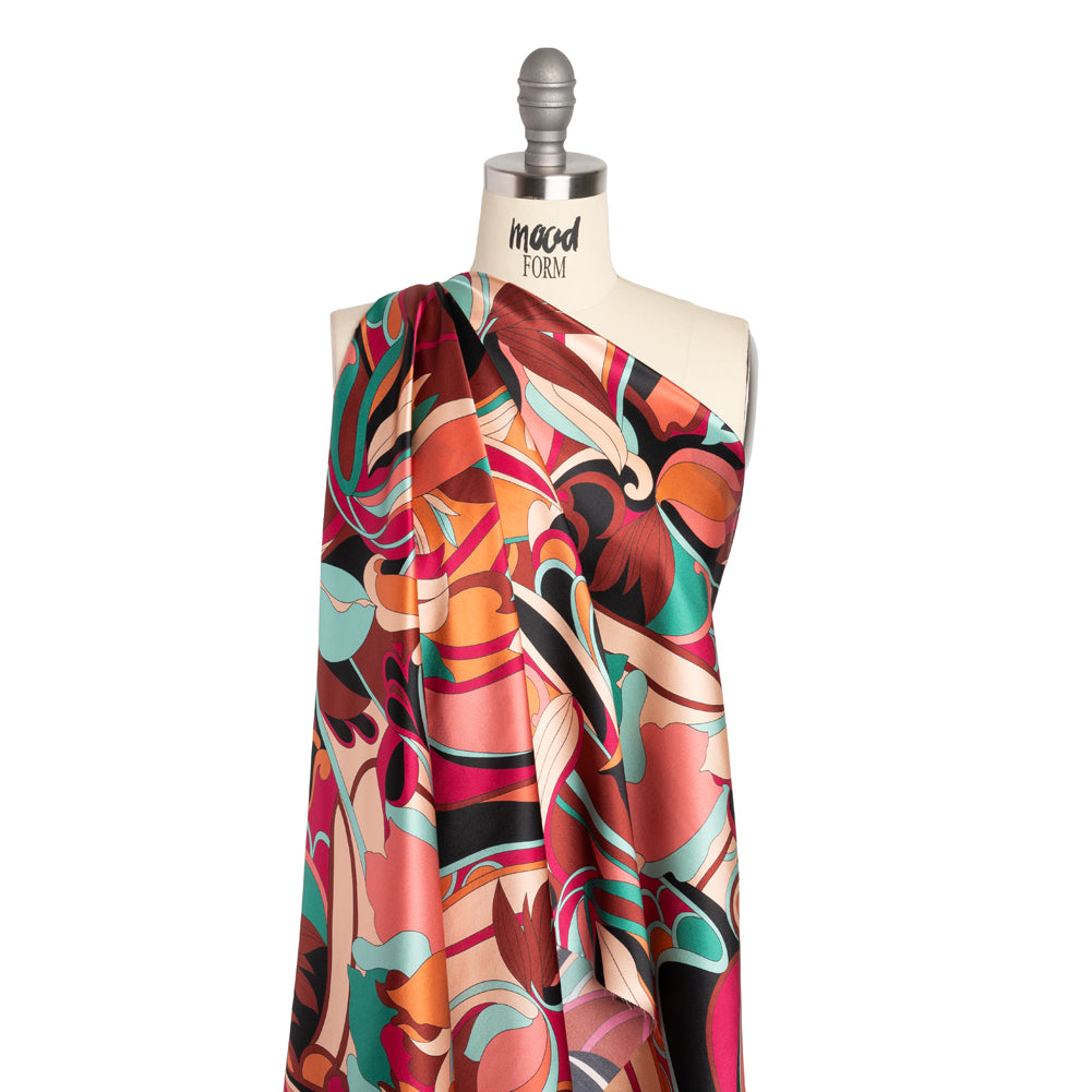Silk Charmeuse Print - Brown, Teal and Magenta Retro Floral Swirl - Made in Italy Silk Charmeuse Print - Brown, Teal and Magenta Retro Floral Swirl - Made in Italy