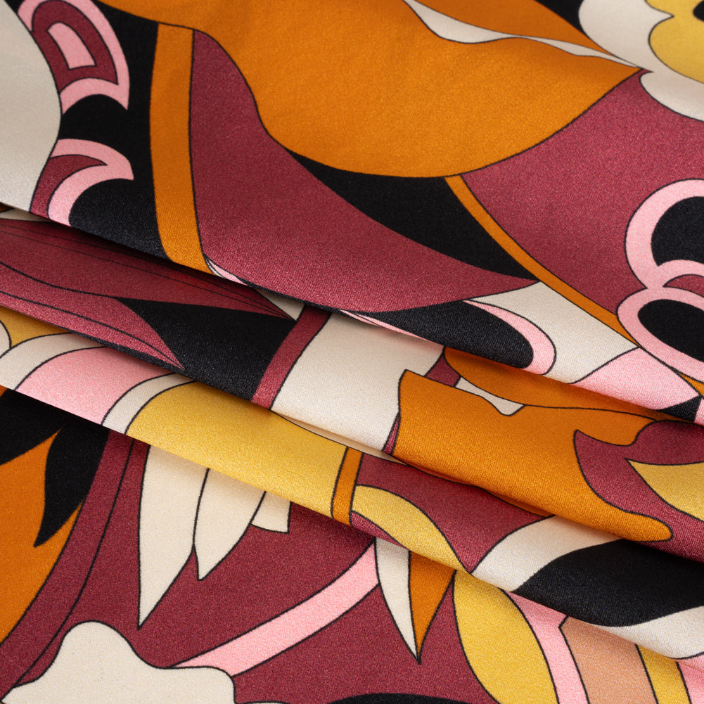 Silk Charmeuse Print - Russet Brown, Orange and Peach Retro Floral Swirl - Made in Italy Silk Charmeuse Print - Russet Brown, Orange and Peach Retro Floral Swirl - Made in Italy