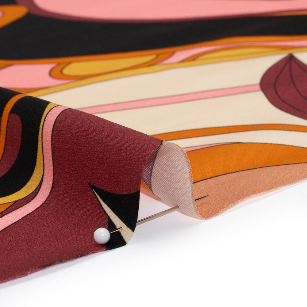 Silk Charmeuse Print - Russet Brown, Orange and Peach Retro Floral Swirl - Made in Italy Silk Charmeuse Print - Russet Brown, Orange and Peach Retro Floral Swirl - Made in Italy