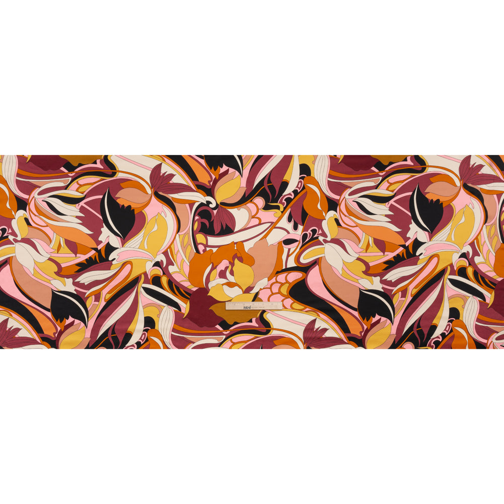 Silk Charmeuse Print - Russet Brown, Orange and Peach Retro Floral Swirl - Made in Italy Silk Charmeuse Print - Russet Brown, Orange and Peach Retro Floral Swirl - Made in Italy
