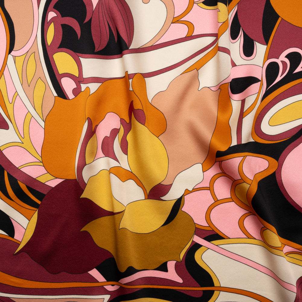 Silk Charmeuse Print - Russet Brown, Orange and Peach Retro Floral Swirl - Made in Italy Silk Charmeuse Print - Russet Brown, Orange and Peach Retro Floral Swirl - Made in Italy