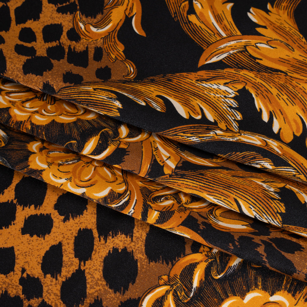 Silk Charmeuse Print - Black and Gold Floral Ornaments and Animal Spots - Made in Italy Silk Charmeuse Print - Black and Gold Floral Ornaments and Animal Spots - Made in Italy
