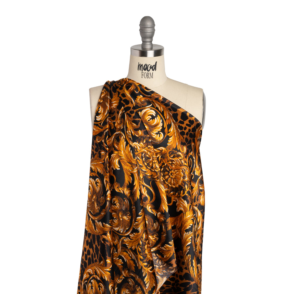 Silk Charmeuse Print - Black and Gold Floral Ornaments and Animal Spots - Made in Italy Silk Charmeuse Print - Black and Gold Floral Ornaments and Animal Spots - Made in Italy