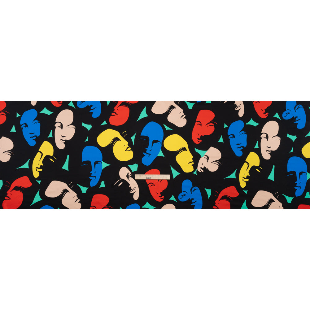 Silk Charmeuse Print - Black, Beige, and Primary Color Faces - Made in Italy Silk Charmeuse Print - Black, Beige, and Primary Color Faces - Made in Italy
