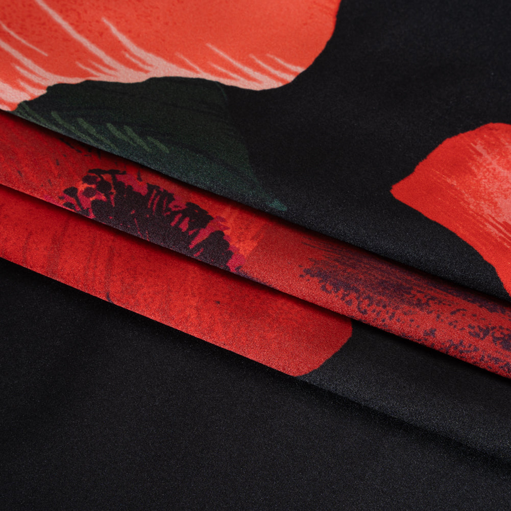 Silk Charmeuse Print - Black, Red and Green Big Poppies - Made in Italy Silk Charmeuse Print - Black, Red and Green Big Poppies - Made in Italy
