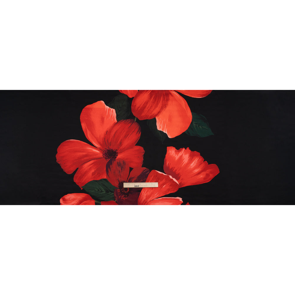 Silk Charmeuse Print - Black, Red and Green Big Poppies - Made in Italy Silk Charmeuse Print - Black, Red and Green Big Poppies - Made in Italy