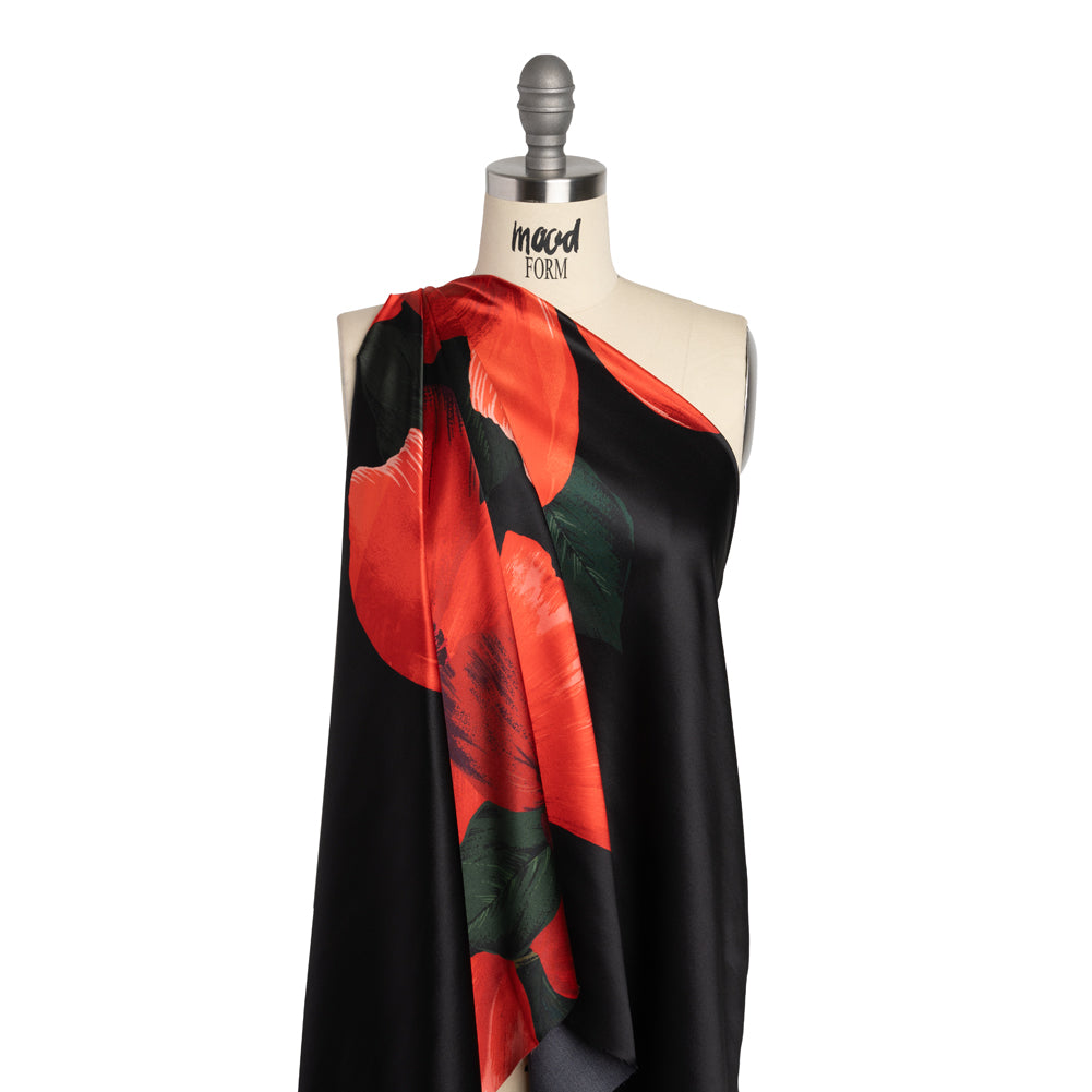 Silk Charmeuse Print - Black, Red and Green Big Poppies - Made in Italy Silk Charmeuse Print - Black, Red and Green Big Poppies - Made in Italy