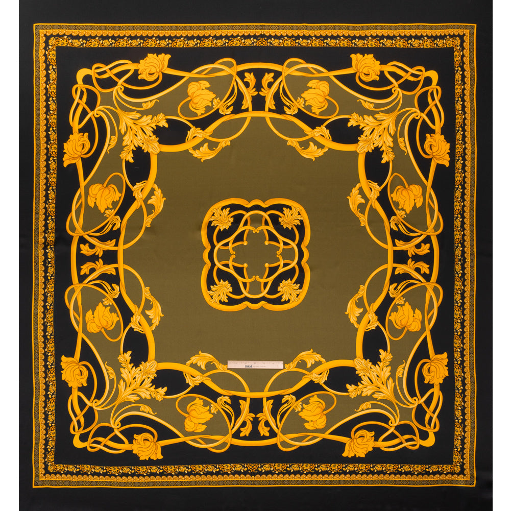 Silk Charmeuse Panel Print - Black, Olive Green and Gold Ornate Florals - Made in Italy Silk Charmeuse Panel Print - Black, Olive Green and Gold Ornate Florals - Made in Italy