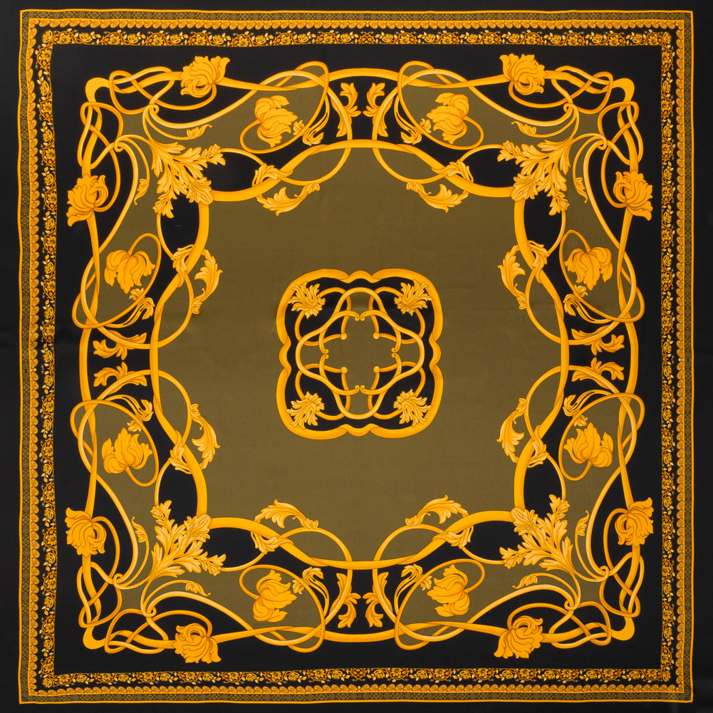 Silk Charmeuse Panel Print - Black, Olive Green and Gold Ornate Florals - Made in Italy Silk Charmeuse Panel Print - Black, Olive Green and Gold Ornate Florals - Made in Italy