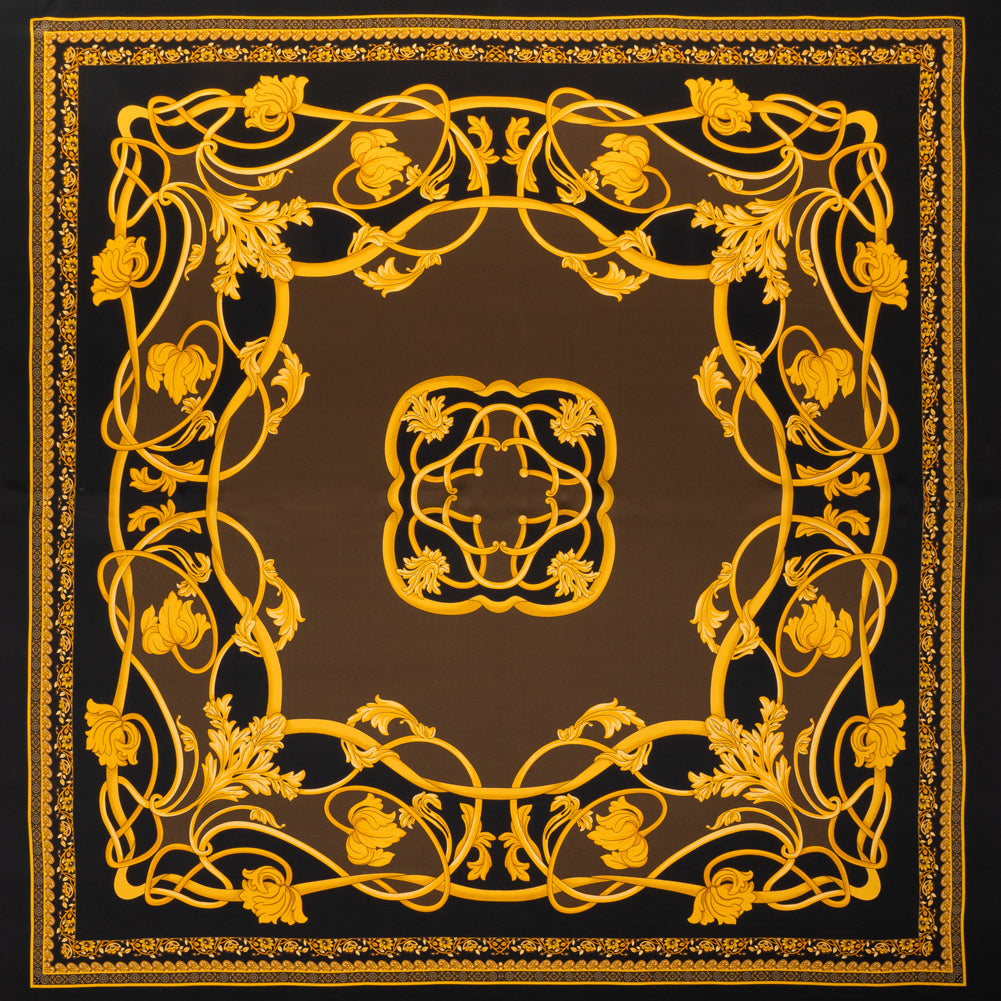 Silk Charmeuse Panel Print - Black, Brown and Gold Ornate Florals - Made in Italy Silk Charmeuse Panel Print - Black, Brown and Gold Ornate Florals - Made in Italy