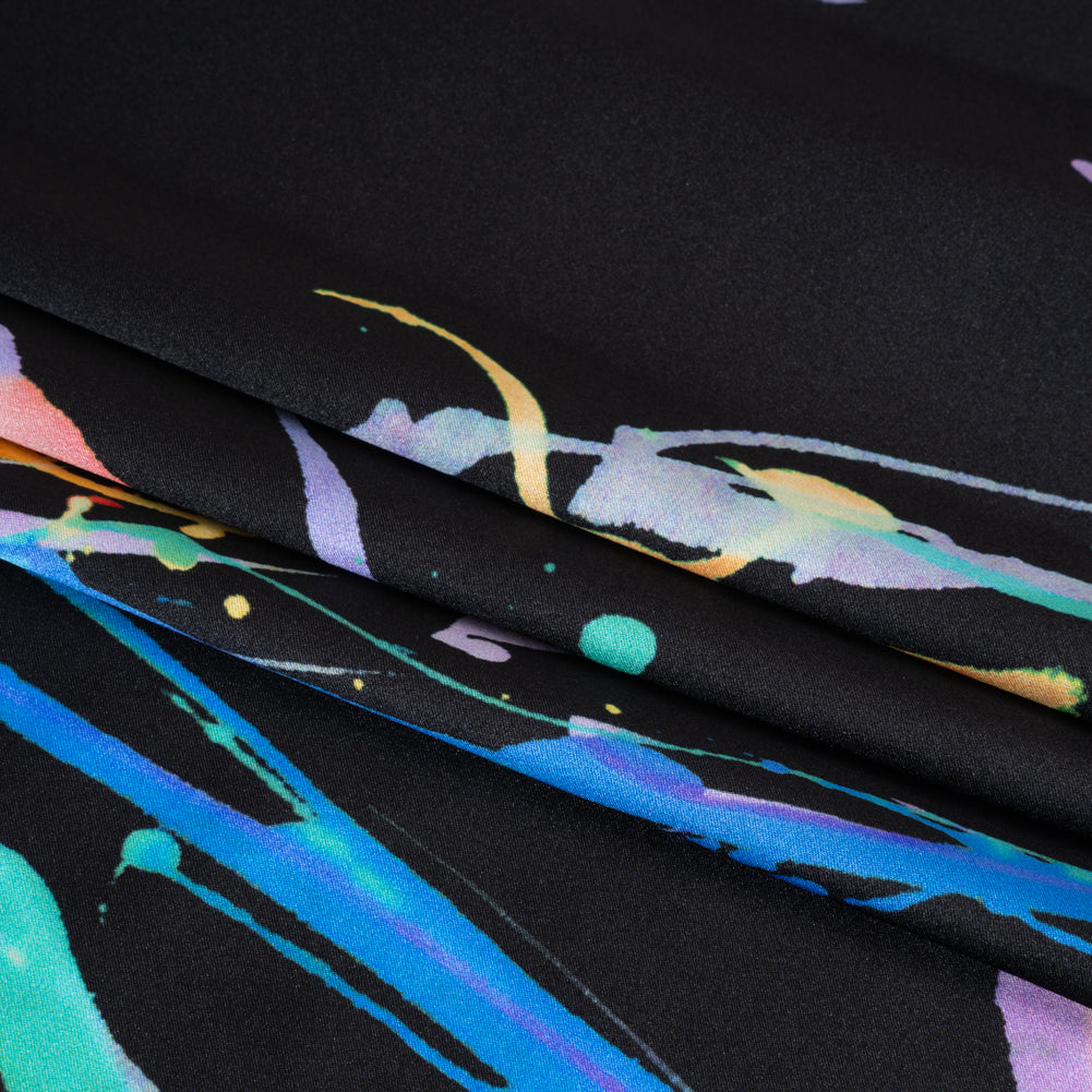 Silk Charmeuse Print - Black and Rainbow Paint Streaks and Splatters - Made in Italy Silk Charmeuse Print - Black and Rainbow Paint Streaks and Splatters - Made in Italy