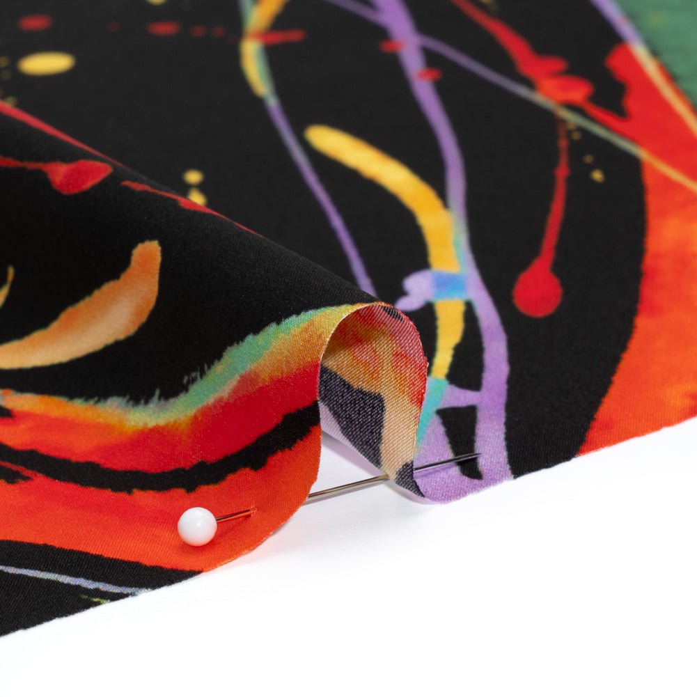 Silk Charmeuse Print - Black and Rainbow Paint Streaks and Splatters - Made in Italy Silk Charmeuse Print - Black and Rainbow Paint Streaks and Splatters - Made in Italy