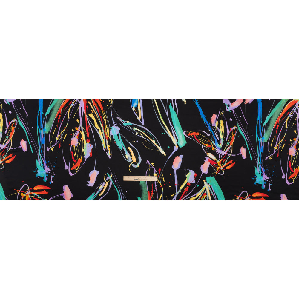 Silk Charmeuse Print - Black and Rainbow Paint Streaks and Splatters - Made in Italy Silk Charmeuse Print - Black and Rainbow Paint Streaks and Splatters - Made in Italy