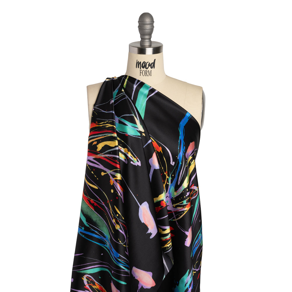 Silk Charmeuse Print - Black and Rainbow Paint Streaks and Splatters - Made in Italy Silk Charmeuse Print - Black and Rainbow Paint Streaks and Splatters - Made in Italy