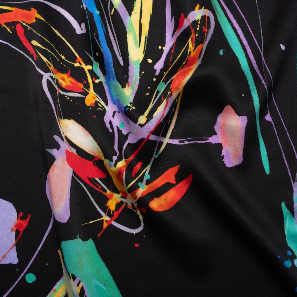 Silk Charmeuse Print - Black and Rainbow Paint Streaks and Splatters - Made in Italy Silk Charmeuse Print - Black and Rainbow Paint Streaks and Splatters - Made in Italy
