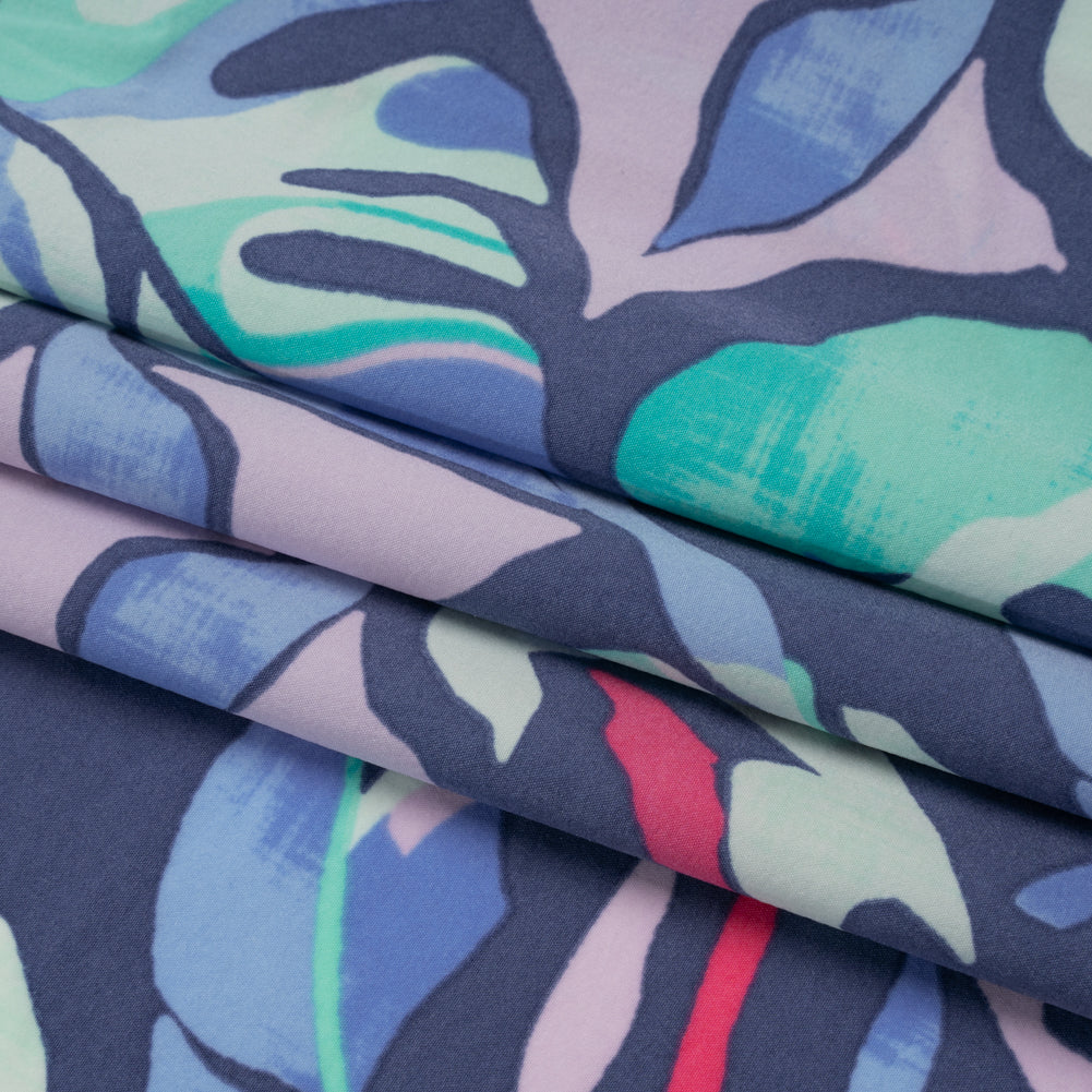 Stretch Nylon Crepe Print - Blue, Teal and Hot Pink Tropical Leaves - Deadstock - Folded Stretch Nylon Crepe Print - Blue, Teal and Hot Pink Tropical Leaves - Deadstock - Folded
