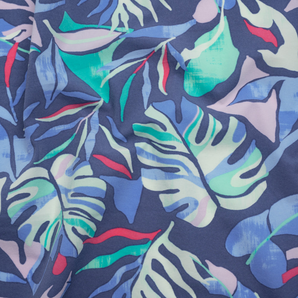 Stretch Nylon Crepe Print - Blue, Teal and Hot Pink Tropical Leaves - Deadstock Stretch Nylon Crepe Print - Blue, Teal and Hot Pink Tropical Leaves - Deadstock