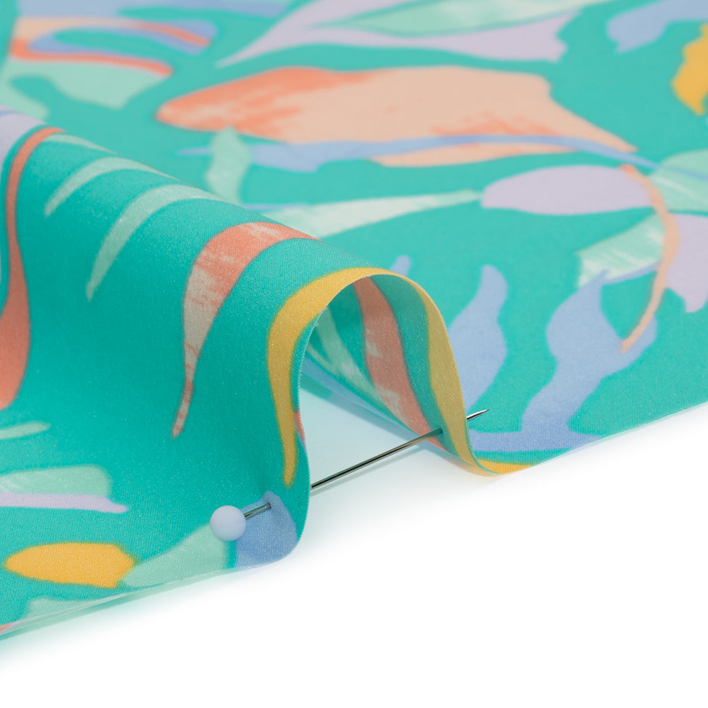 Stretch Nylon Crepe Print - Bright Teal, Periwinkle and Orange Tropical Leaves - Deadstock - Detail Stretch Nylon Crepe Print - Bright Teal, Periwinkle and Orange Tropical Leaves - Deadstock - Detail
