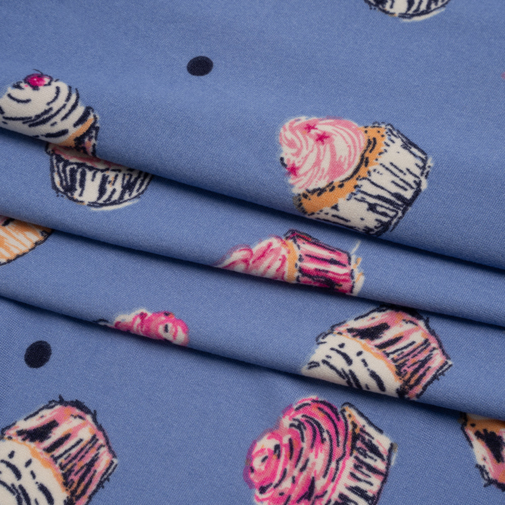 Stretch Polyester Jersey Print - Country Blue, Pink and Navy Cupcakes and Polka Dots - Deadstock Stretch Polyester Jersey Print - Country Blue, Pink and Navy Cupcakes and Polka Dots - Deadstock