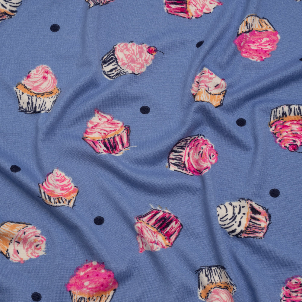 Stretch Polyester Jersey Print - Country Blue, Pink and Navy Cupcakes and Polka Dots - Deadstock Stretch Polyester Jersey Print - Country Blue, Pink and Navy Cupcakes and Polka Dots - Deadstock