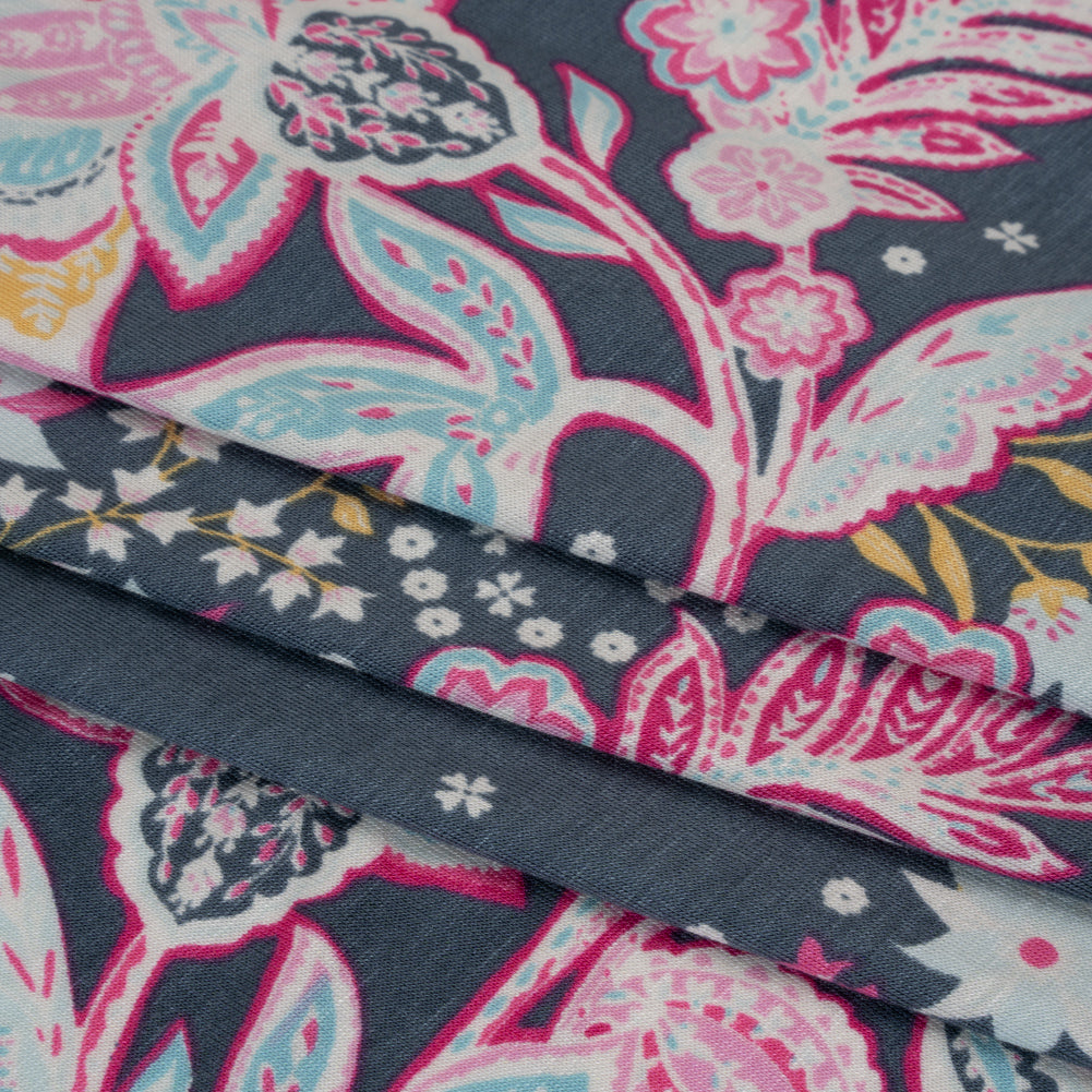 Stretch Rayon Jersey - Blue Gray, Pink and Yellow Floral - Deadstock Stretch Rayon Jersey - Blue Gray, Pink and Yellow Floral - Deadstock
